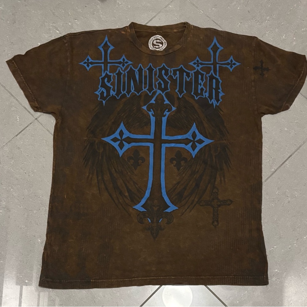 Y2K brown and blue affliction style sinister tee